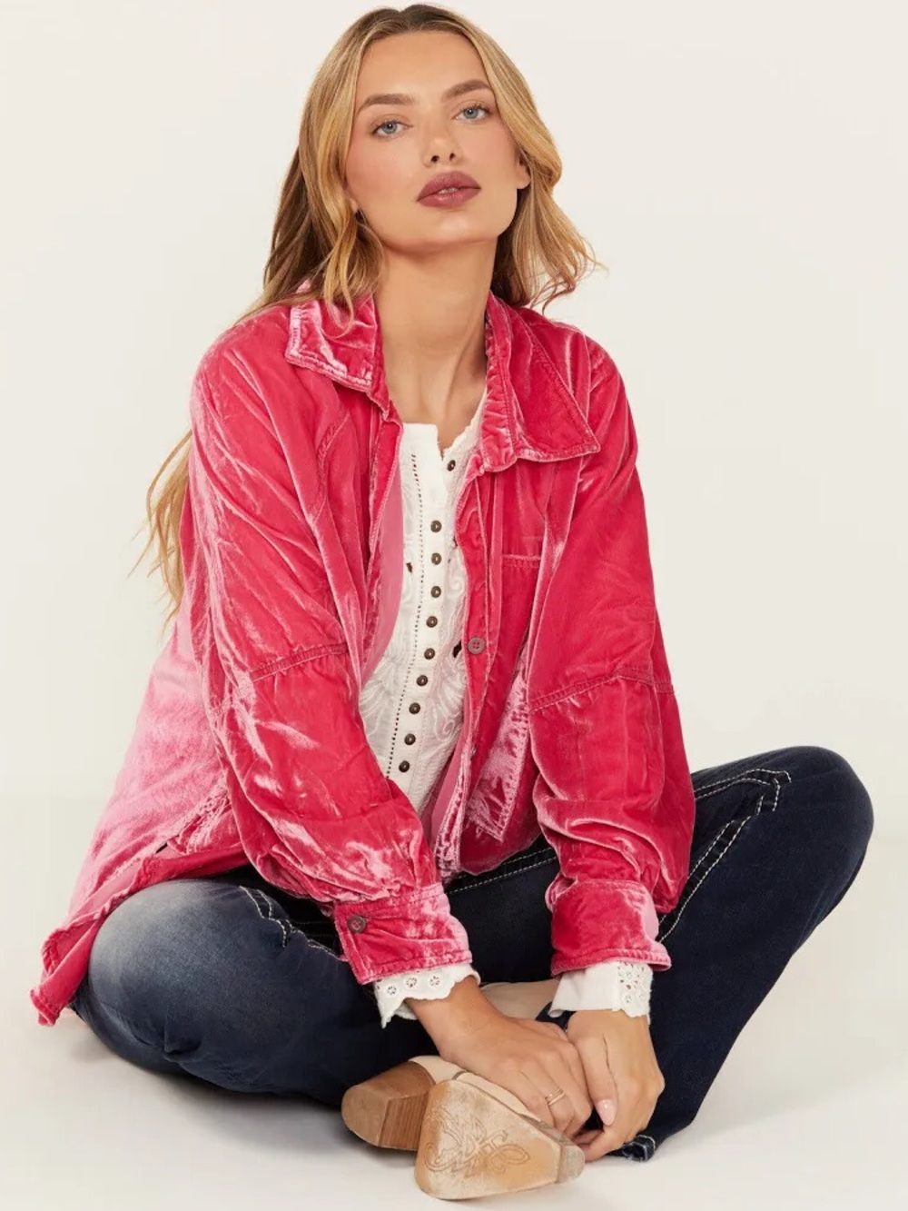 We The Free Velvet Button-Down Shirt Jacket in Pink